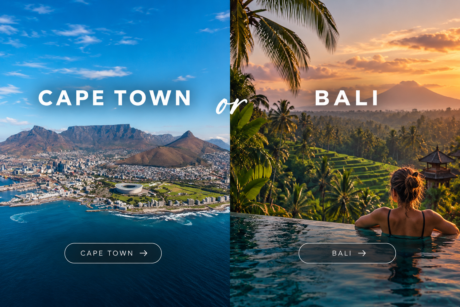 Split-screen banner: Cape Town coastline and Table Mountain on the left, Bali rice terraces and infinity pool on the right