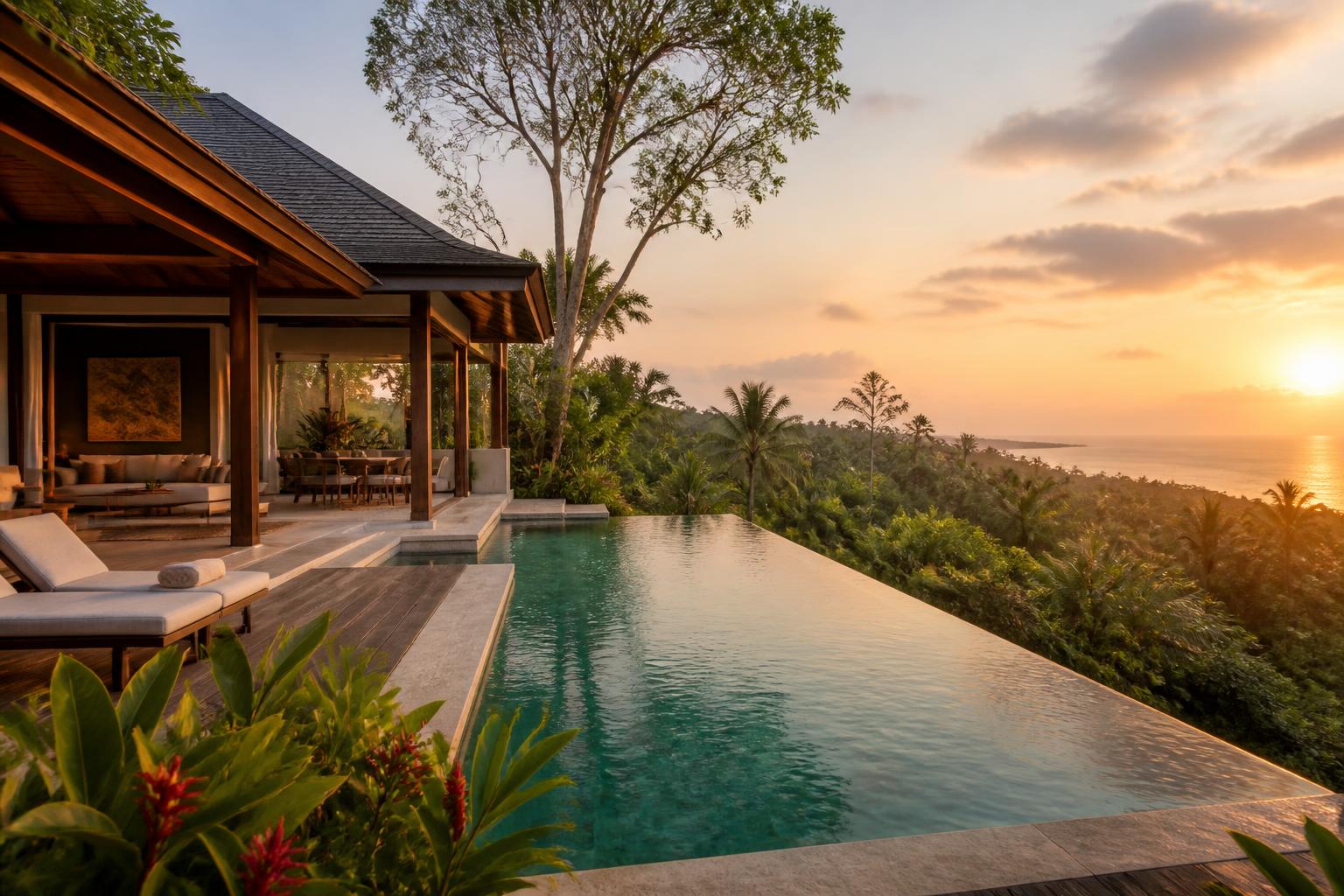 Luxury Bali villa with infinity pool overlooking jungle and ocean at sunset
